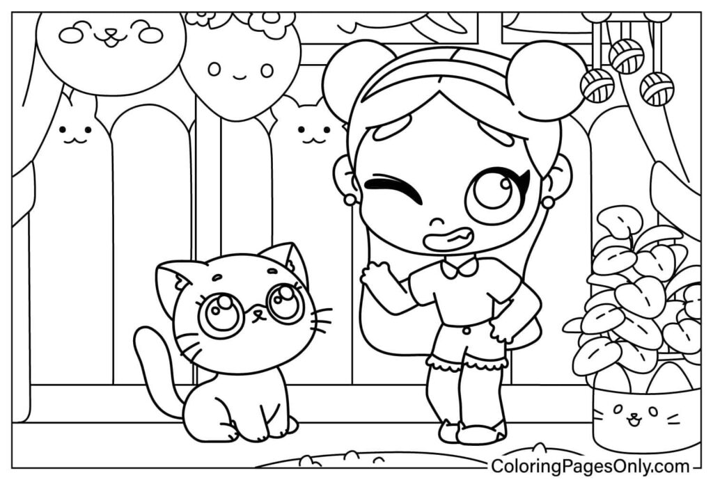 Cartoon girl winking beside cat in forest