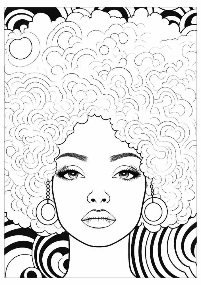 Black-and-white line drawing of woman with curly hair