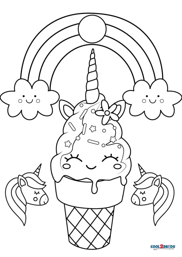 Unicorn ice cream cone with rainbow and clouds