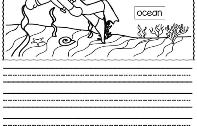 Ocean worksheet with diver, shark, and jellyfish drawings