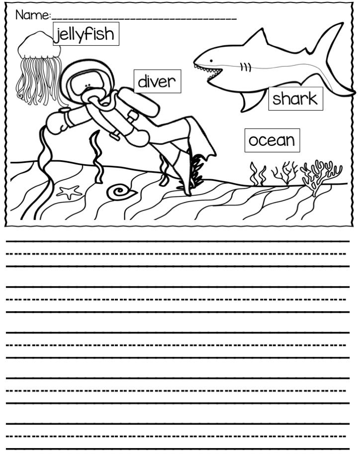 Ocean worksheet with diver, shark, and jellyfish drawings