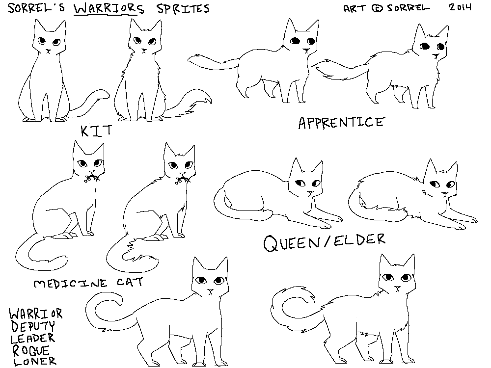 Black-and-white cat pose reference sheet with labels