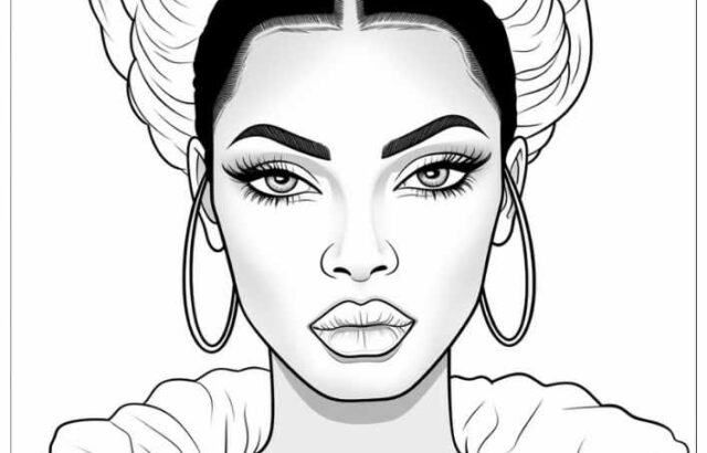 Black-and-white line drawing of a woman with hoop earrings