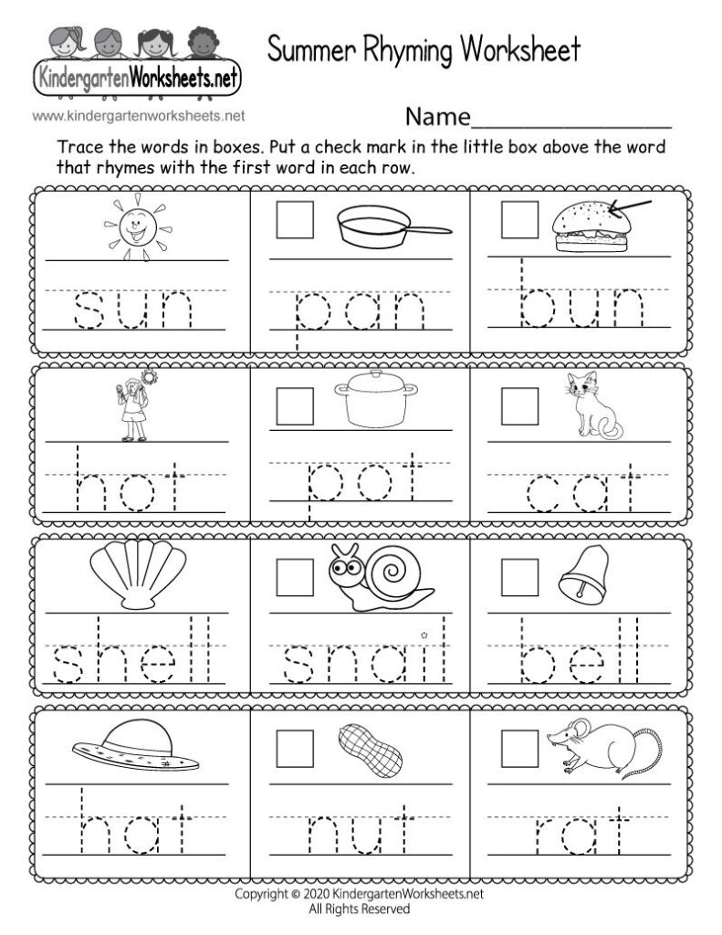 Summer rhyming worksheet with pictures and traced words