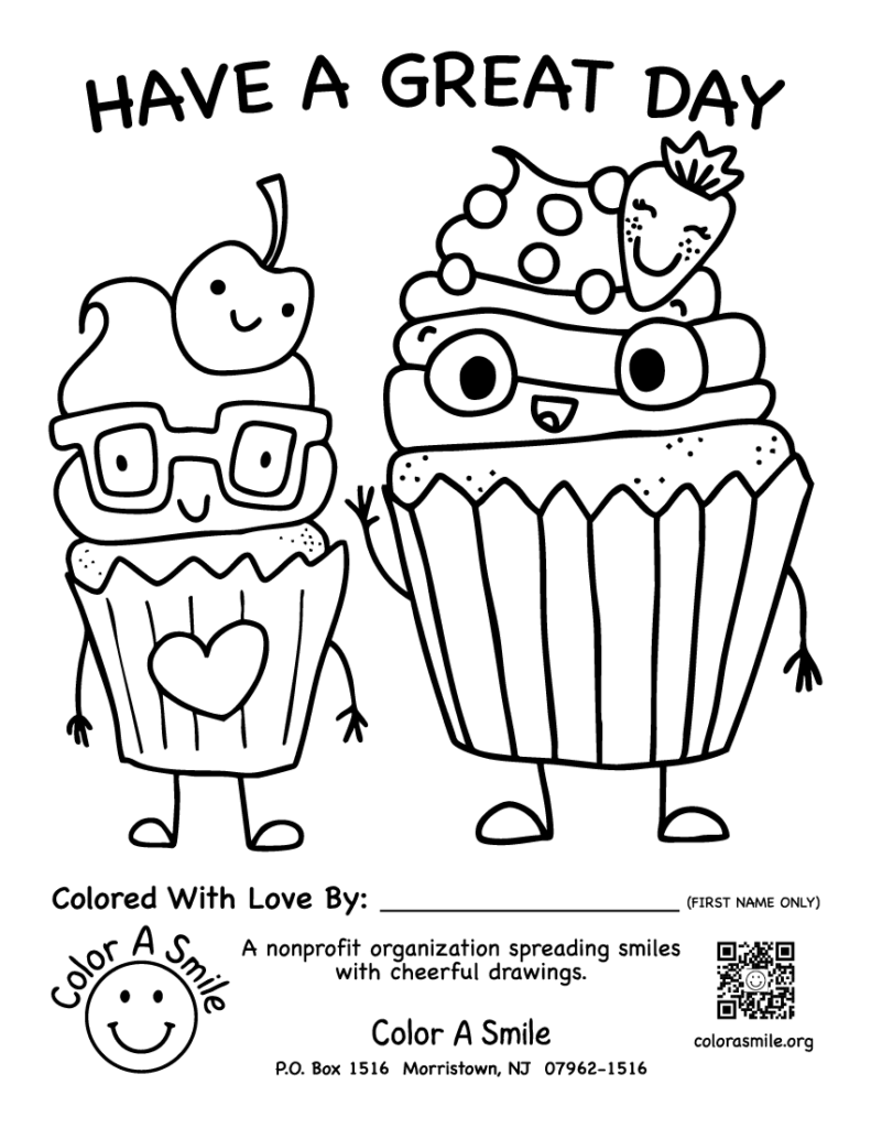 Smiling cupcake characters with “Have a Great Day” text