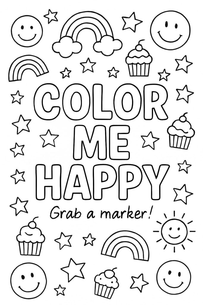 Coloring page with words, stars, rainbows, cupcakes, smiley faces