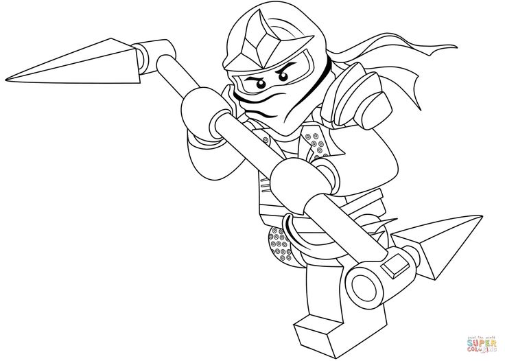 Ninja holding a spear, black-and-white coloring page