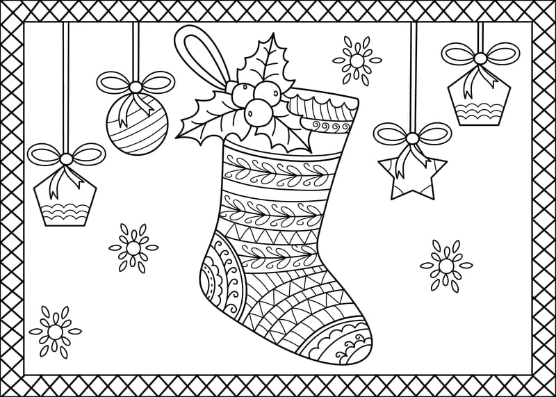 Decorative Christmas stocking surrounded by hanging ornaments and snowflakes