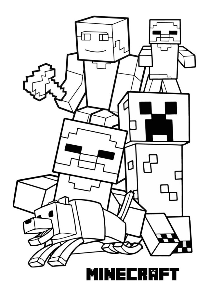 Minecraft characters and dog in black-and-white line art