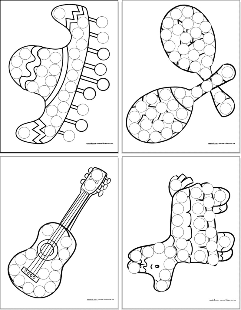 Four black-and-white cactus instrument coloring pages on one sheet
