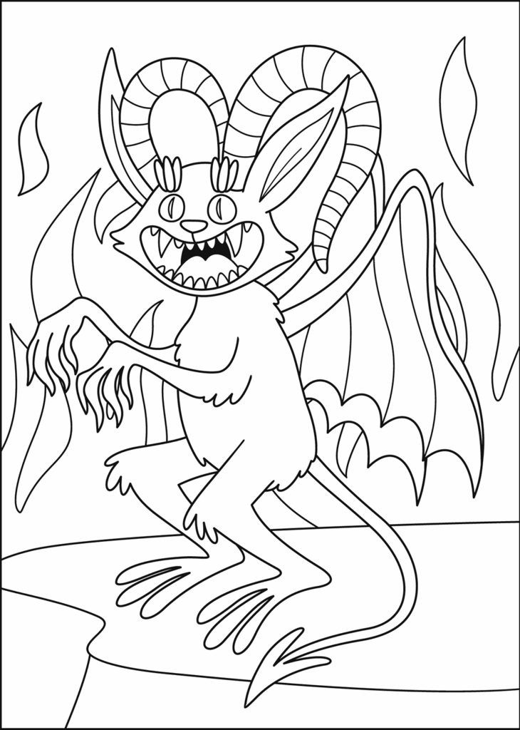 Black-and-white line drawing of a horned monster with wings