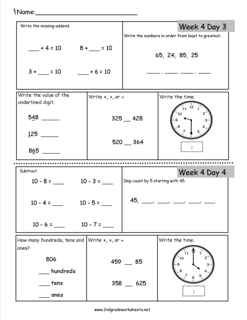 Two elementary math worksheet pages with clocks and number problems