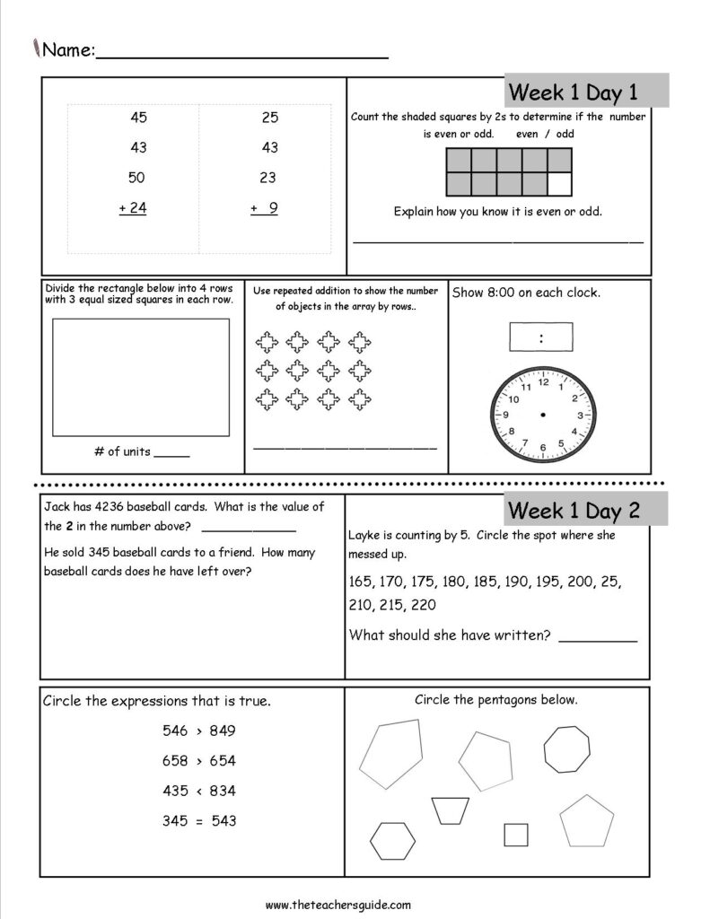 Math worksheet with problems and shape exercises