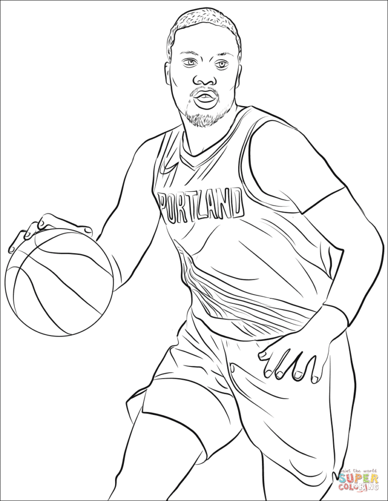 Black-and-white basketball player coloring page holding a ball