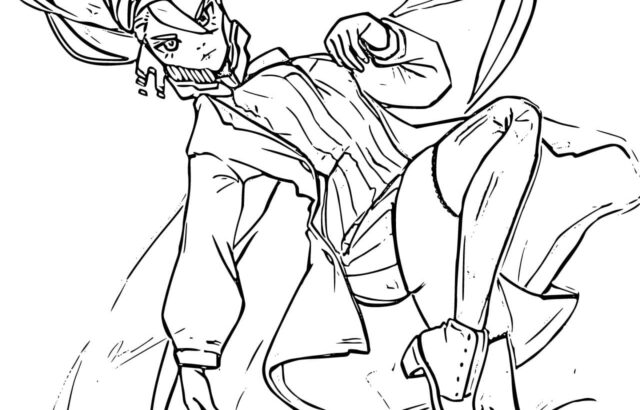 Black-and-white anime character in dynamic midair pose