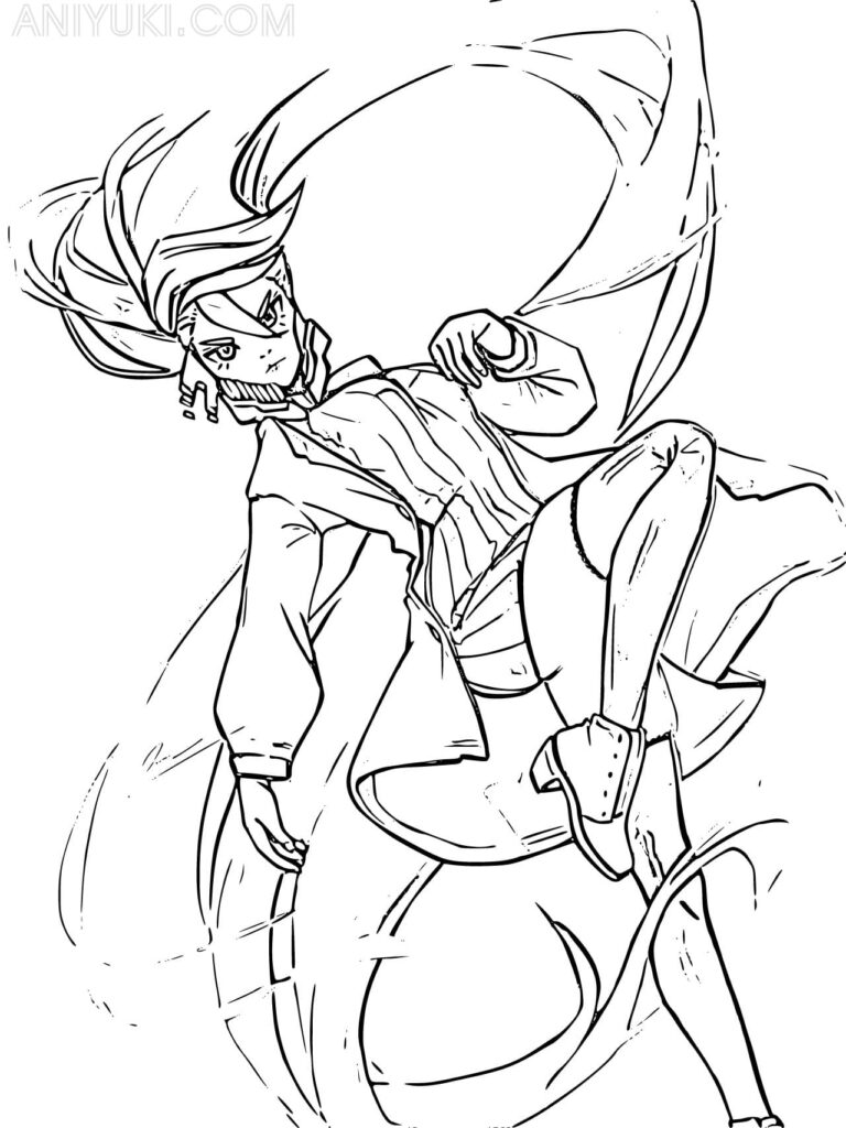 Black-and-white anime character in dynamic midair pose