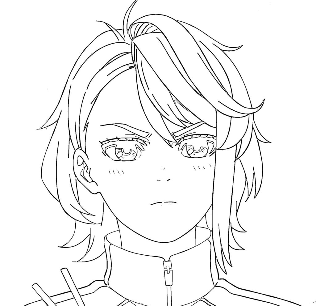 Anime-style line drawing of a short-haired person