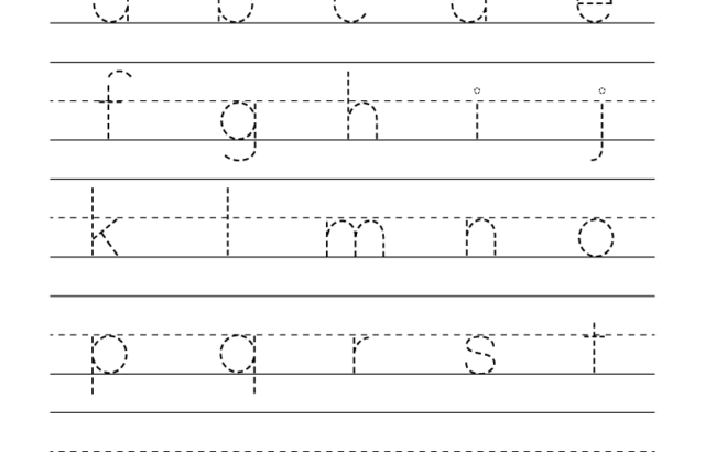 Lowercase alphabet tracing worksheet with dotted letters and lines