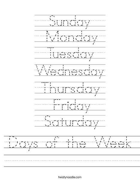 Days of the week handwriting worksheet on lined paper