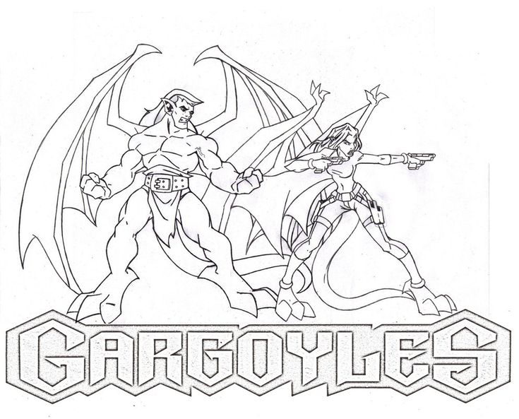Gargoyle and woman standing above Gargoyles logo