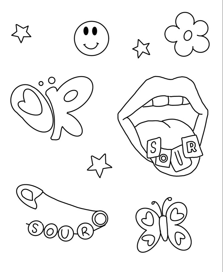 Black-and-white coloring page with butterfly, lips, stars, and smiley face