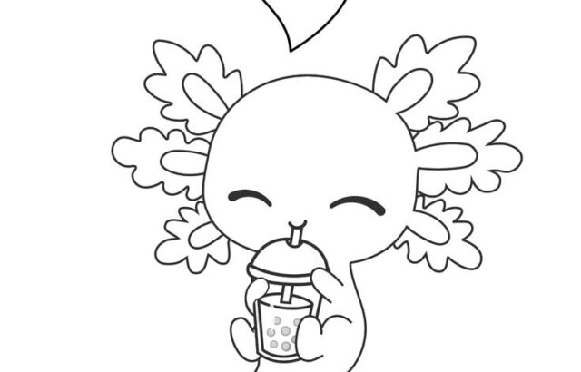 Cute axolotl holding a boba drink with hearts