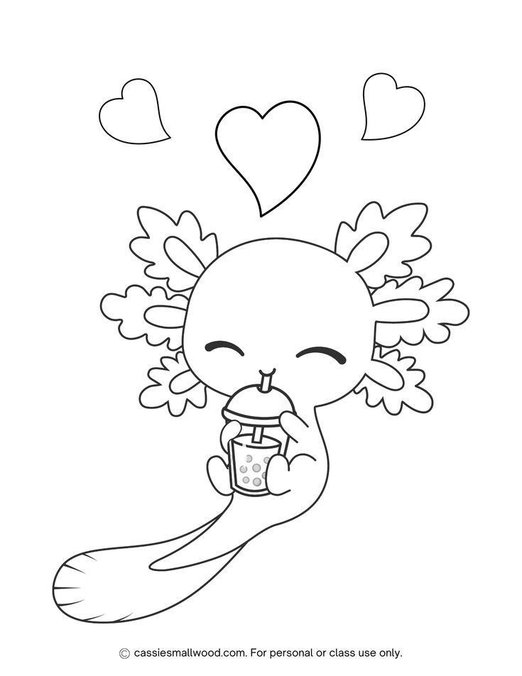 Cute axolotl holding a boba drink with hearts