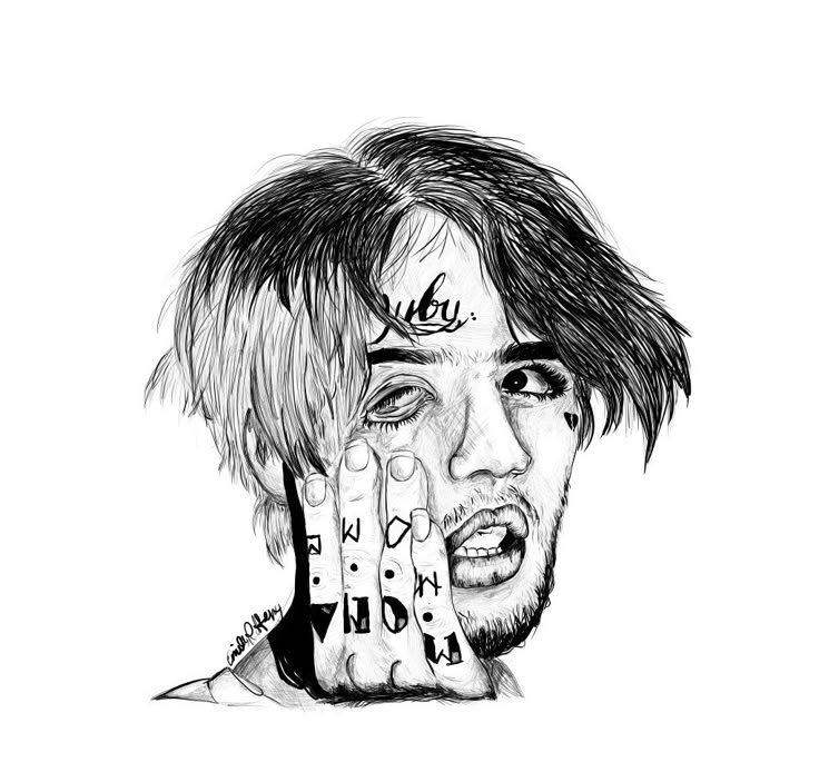 Black-and-white sketch of a tattooed face, hand on cheek
