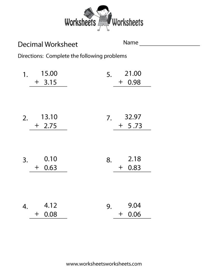 Decimal worksheet with numbered addition problems and blanks