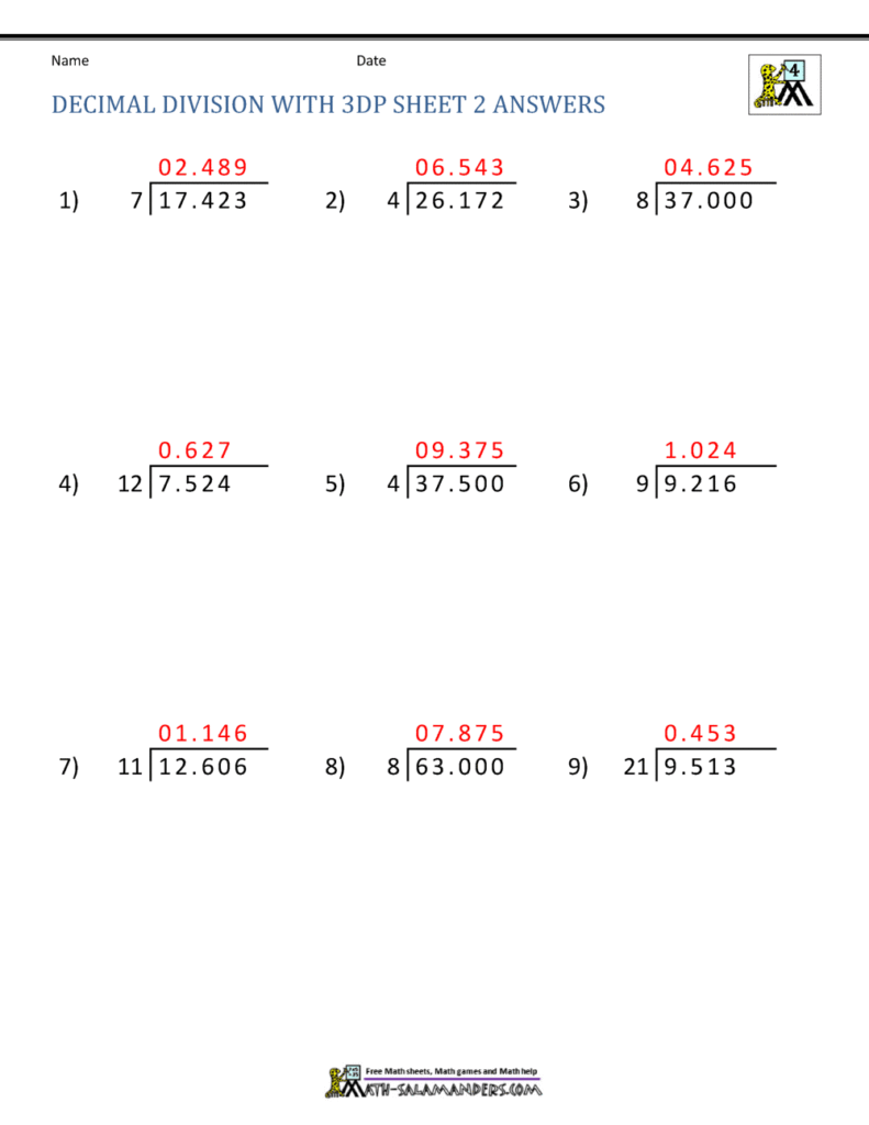 Decimal division worksheet with nine answers