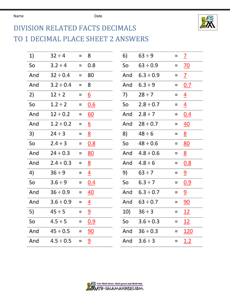 Math worksheet with division equations and red answers