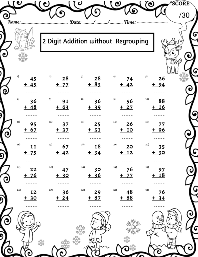 Christmas-themed two-digit addition worksheet with thirty problems