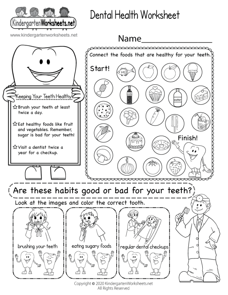 Dental health worksheet with cartoon tooth characters and activities