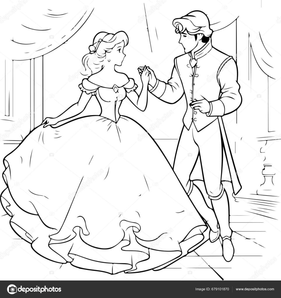 Prince and princess holding hands in ballroom