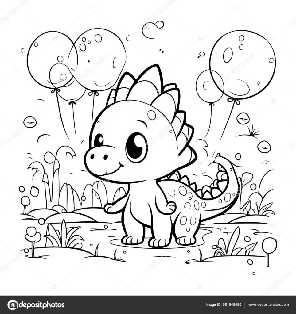 Cute cartoon dinosaur holding balloons outdoors