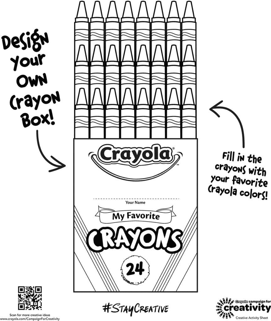 Black-and-white crayon box template with handwritten instructions and arrows