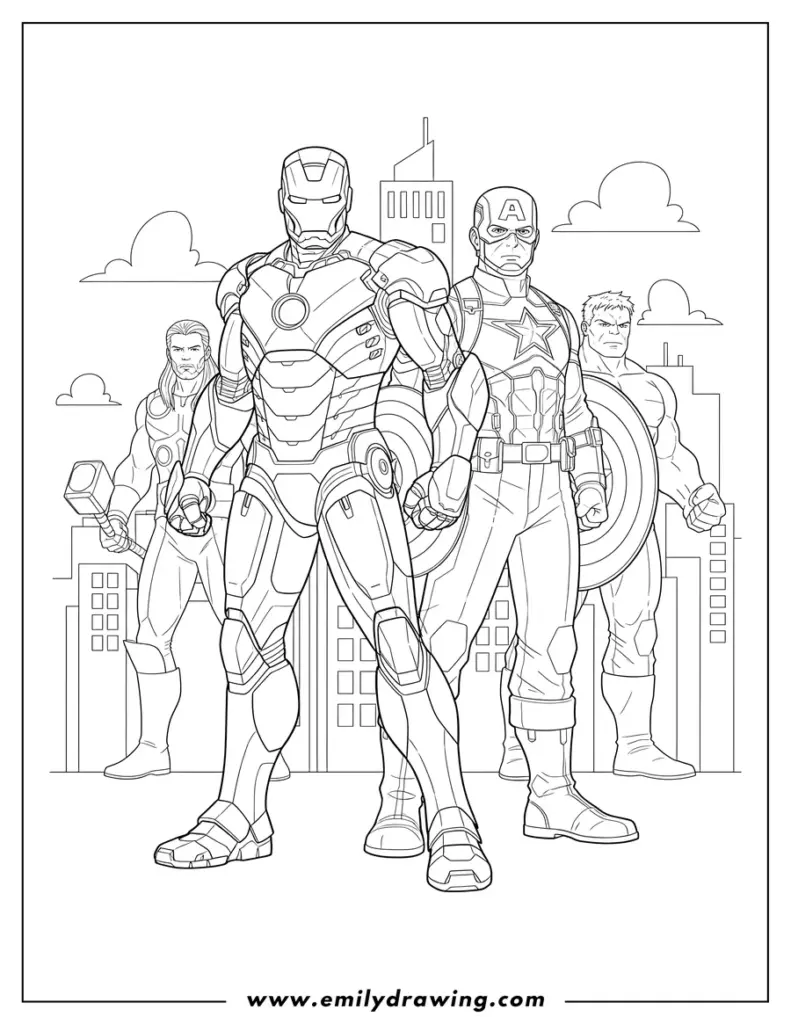 Black-and-white comic superheroes standing in a cityscape