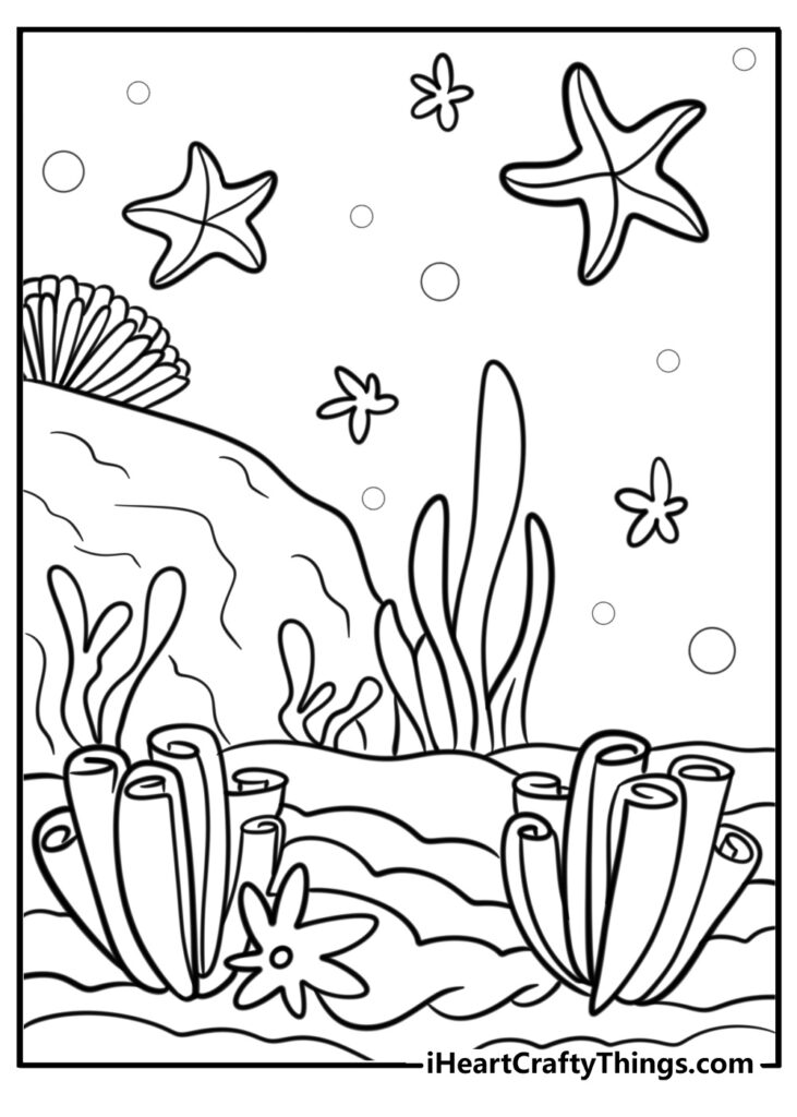 Black-and-white coral reef coloring page with starfish