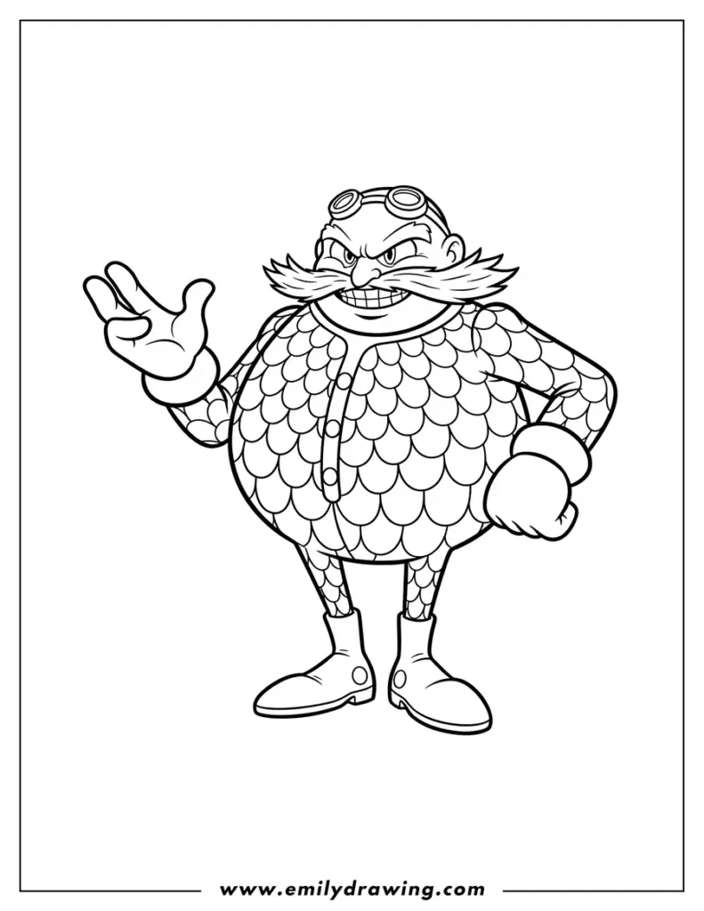 Cartoon villain with goggles and mustache, standing
