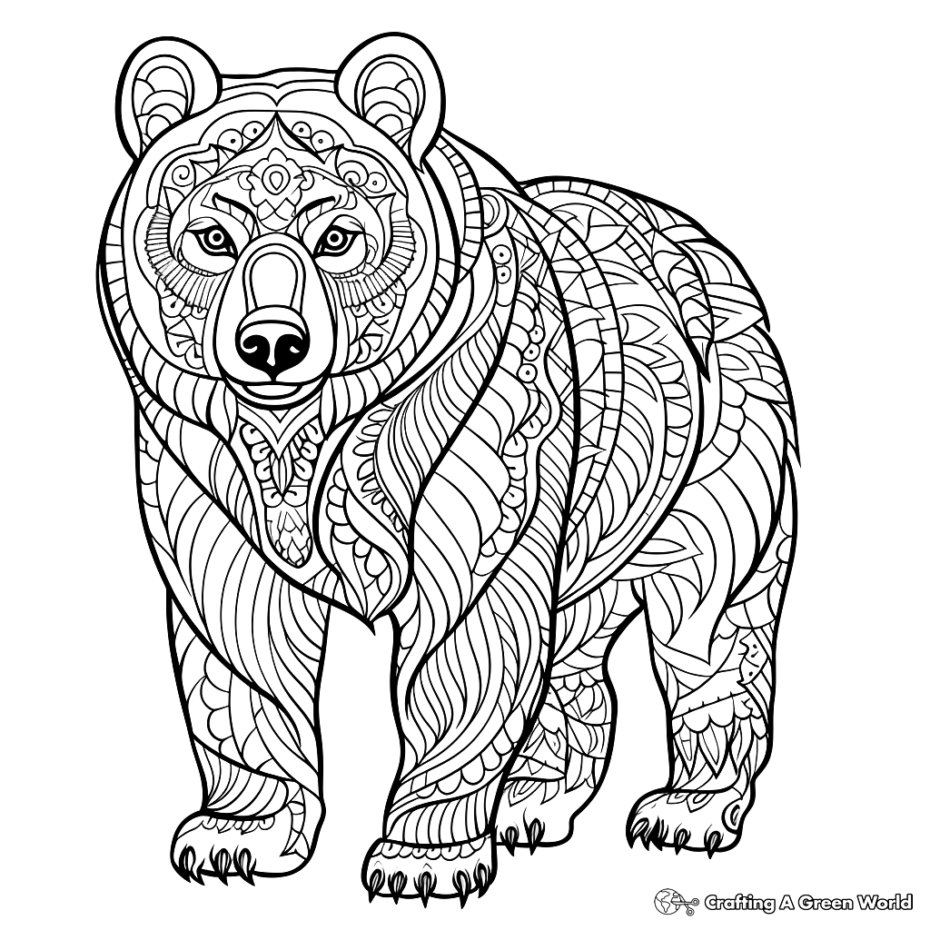 Intricate black-and-white bear coloring page illustration
