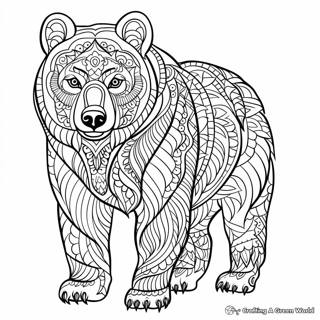 Intricate black-and-white bear line drawing on white background