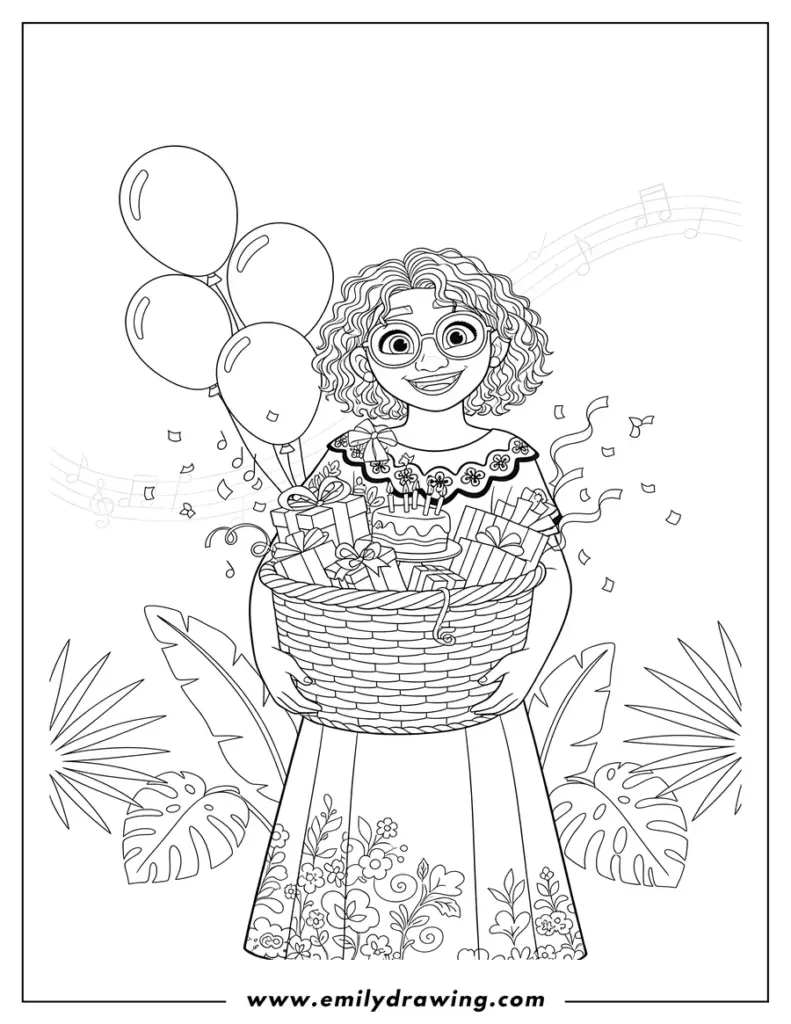 Smiling girl holding gift basket with balloons