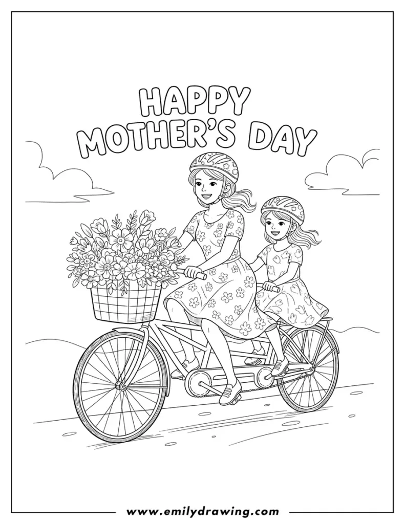Mother and daughter riding bicycle with flowers
