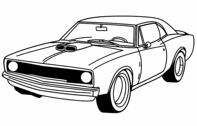 Black-and-white drawing of a classic car