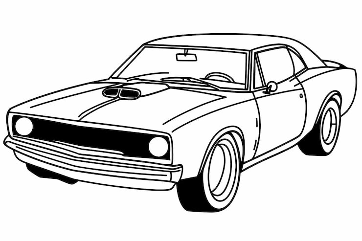 Black-and-white drawing of a classic car