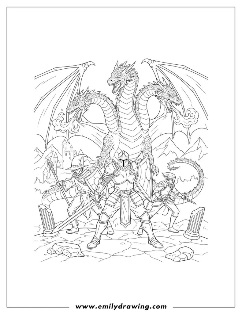 Three warriors face a three-headed dragon in ruins