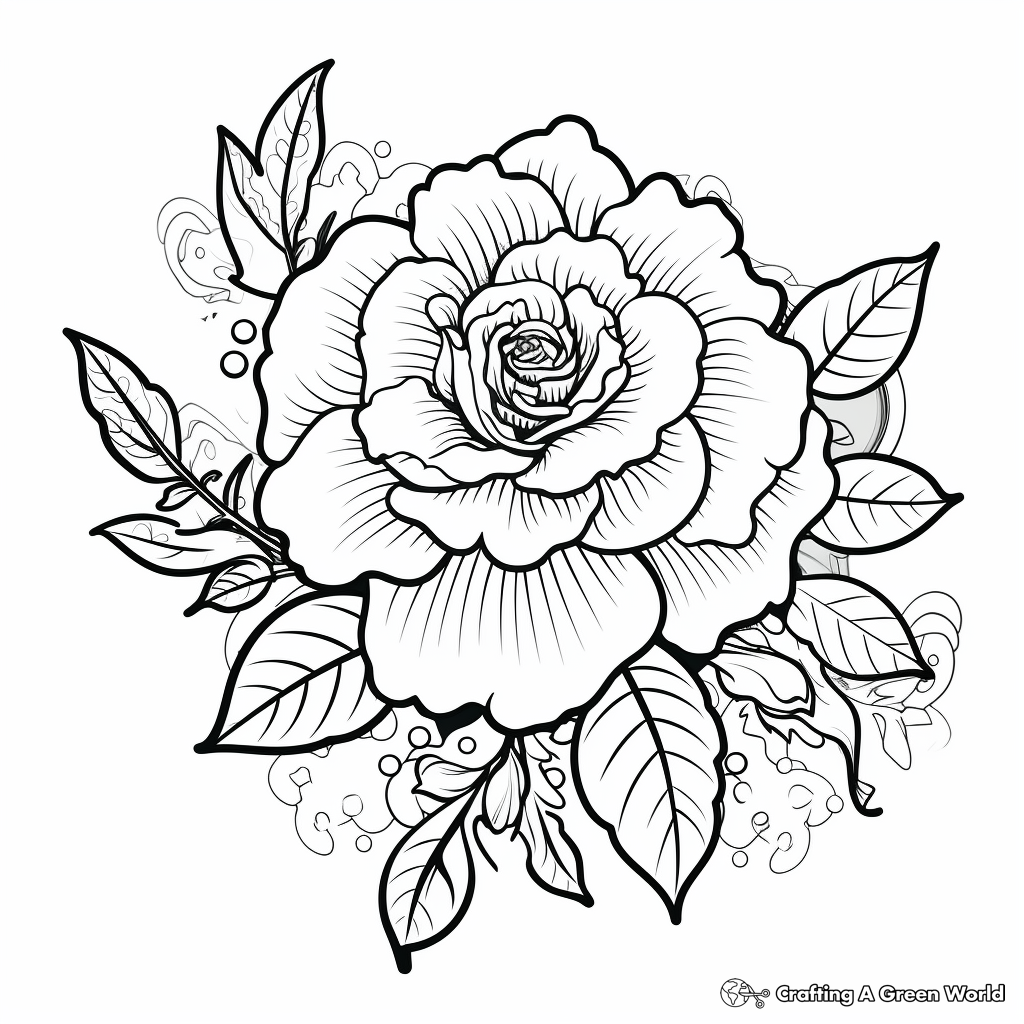Black-and-white rose with leaves, coloring-page style