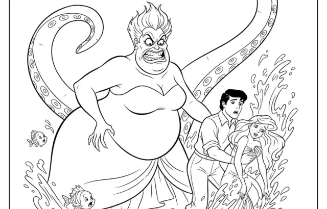 Black-and-white coloring page of sea witch and merpeople