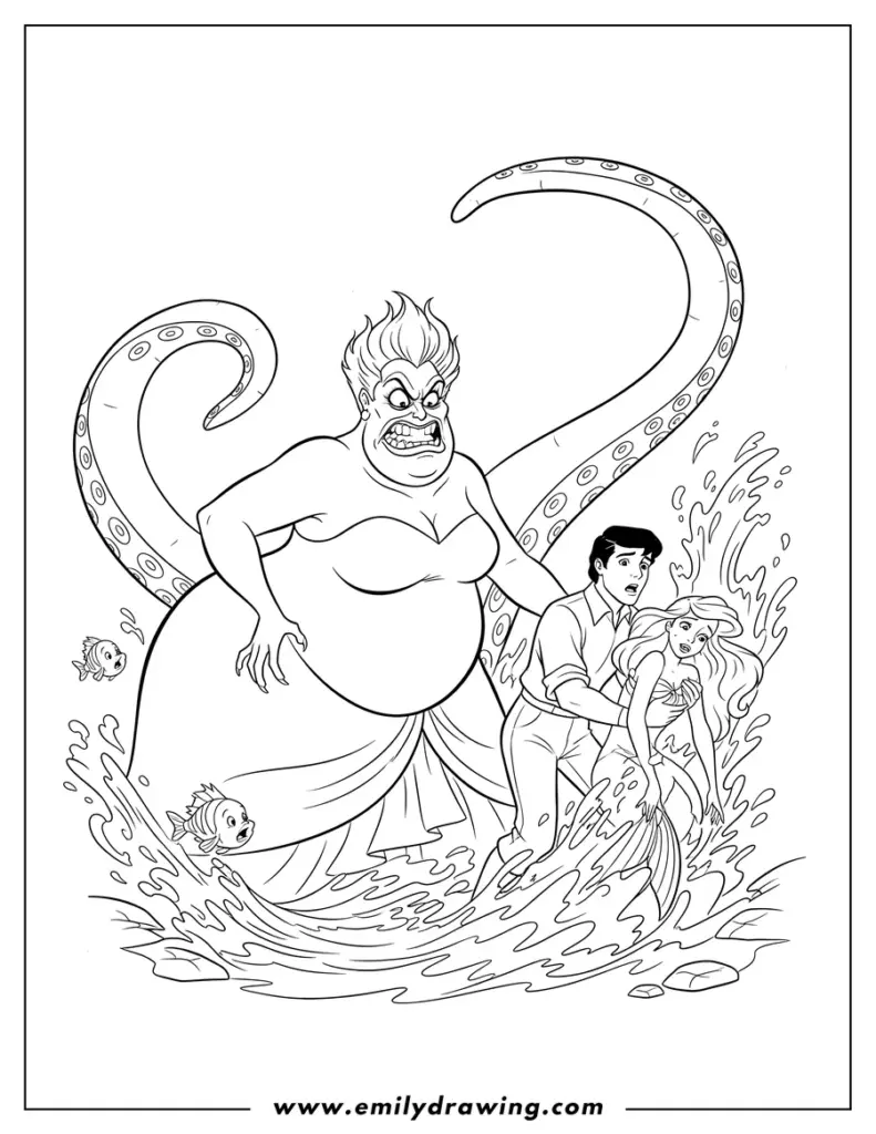 Black-and-white coloring page of sea witch and merpeople