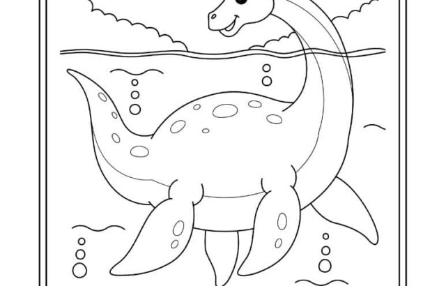 Plesiosaurus coloring page with marine animal caption